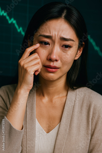 Young woman crying with emotional distress in front of falling financial graph