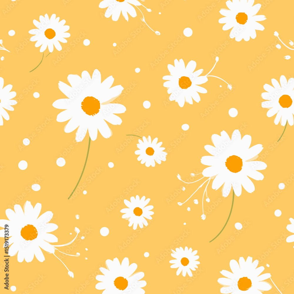 Obraz premium Bright Yellow Seamless Daisy Pattern Floral Vector Illustration for Textile, Fabric, and Wallpaper Designs