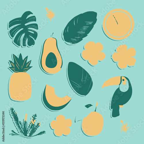 Bright Tropical Fruit and Bird Vector Illustration Decorative Stickers