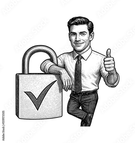 Man leaning on lock giving thumbs up in detailed black and white illustration