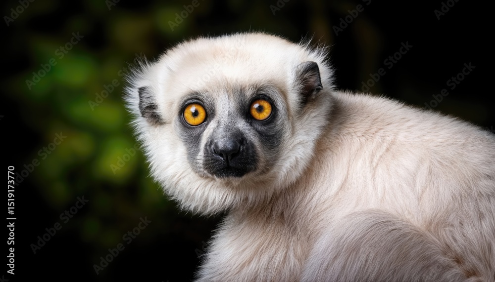Obraz premium Albino White Sifaka Frolicking in Madagascars Tropical Rainforest, Majestically Displaying Its Unique Albinism Against a Backdrop of Lush Greenery and Sunlight Filtered Through Canopy, Emitting