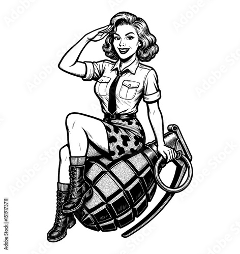 Smiling Caucasian Pinup Woman Saluting While Sitting on Grenade in Black and White Illustration