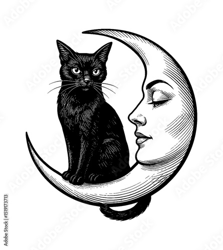 Black Cat Sitting on Crescent Moon with Human Face in Engraved Style Illustration