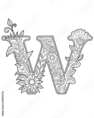 Black and White Line Art Floral Letter “W” with Sunflower Blooms and Ornate Botanical Designs