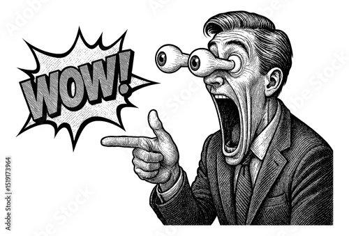Engraved Man with Exaggerated Eyes Screaming WOW and Pointing Finger in Suit