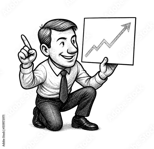 Smiling Businessman Kneeling and Holding a Rising Arrow Graph with Pointing Finger Illustration