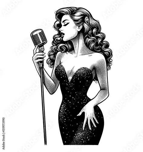 Elegant Woman in Retro Dress Singing into Microphone in Detailed Black and White Engraving Art