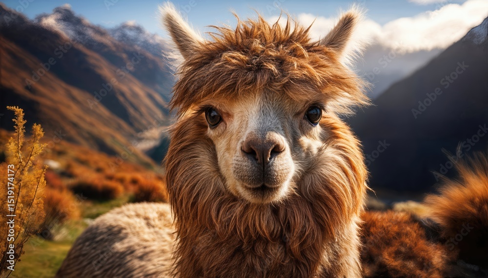 Obraz premium Alpaca Grazing Amongst the Majestic Andes Mountains at Dawn, with a Backdrop of Vibrant, Stark Landscapes and Eerily Beautiful Atmosphere.