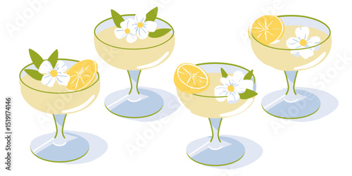 Refreshing Summer Cocktails Elegant Coupe Glasses with Citrus and Flowers