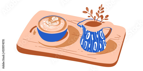 Artistic Illustration of Latte Coffee and Creamer on Wooden Tray