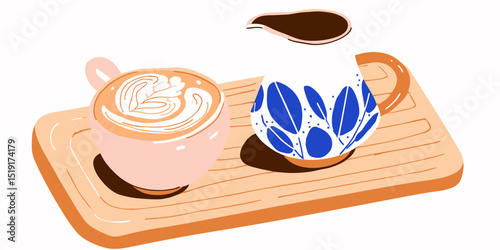 Aromatic Latte Art Coffee Cup and Creamer on Wooden Tray