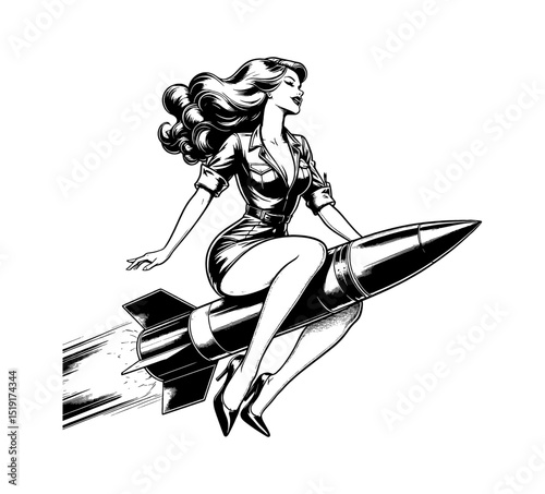 Pinup Woman Sitting on Rocket with Retro Style Isolated on White Background