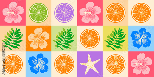 Vibrant Tropical Pattern Hibiscus Flowers, Citrus Fruits, and Palm Leaves