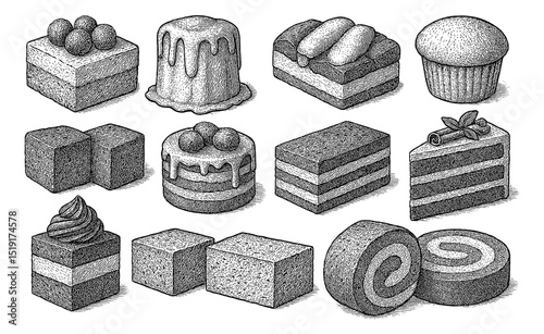 Engraved Illustration of Assorted Cakes and Pastries Collection in Detailed Black and White