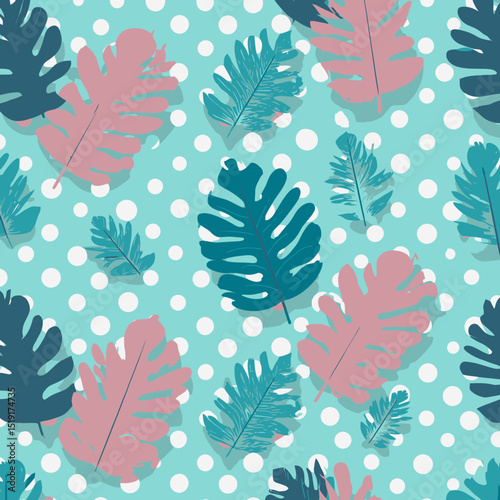 Vibrant Summer Tropical Leaf Pattern Seamless Teal and Pink Design
