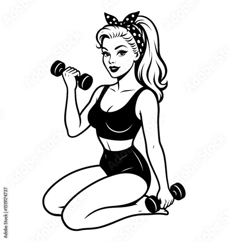 Blonde Pinup Woman in Sportswear Doing Dumbbell Exercises in Black and White Engraving Style