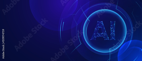 Glowing AI symbol in a futuristic blue circle on dark background, high technology background