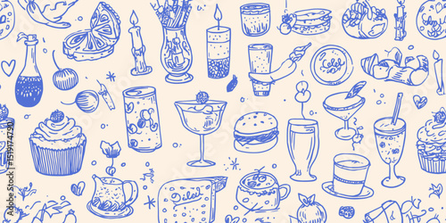 Hand-Drawn Food and Drink Seamless Pattern A Whimsical Culinary Illustration