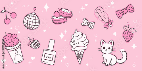 Cute Pink Aesthetic Sticker Set Kawaii Cat, Ice Cream, and More