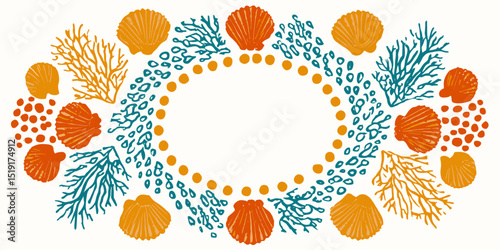 Ocean Seashell and Coral Wreath Frame Illustration