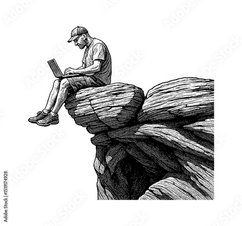 Man Sitting on Rock Using Laptop in Detailed Black and White Engraving Style