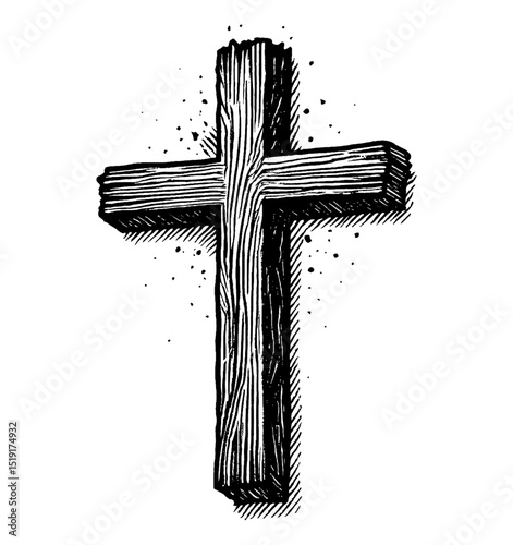 Engraved Illustration of a Wooden Christian Cross on a White Background