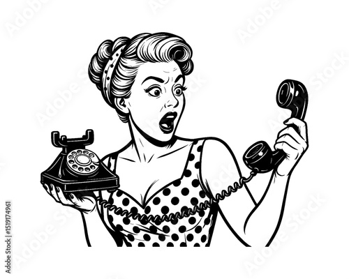 Shocked Caucasian woman shouting at telephone in pop art style vector drawing.