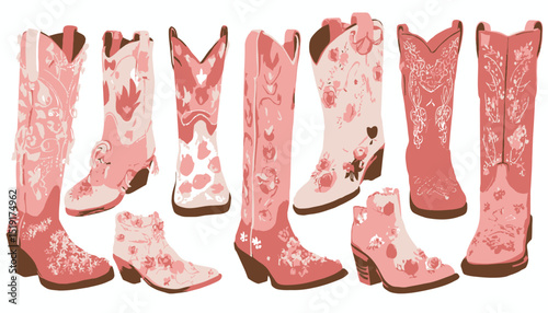 Collection of Pink Floral Cowboy Boots Western Fashion Illustrations