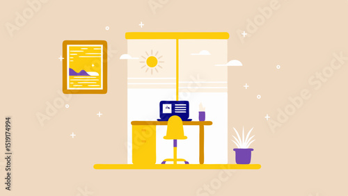 Illustration of a home office setup with a desk, laptop, chair, window, and wall art displayed