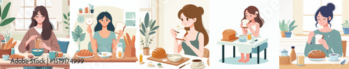 vector of a woman having breakfast bread