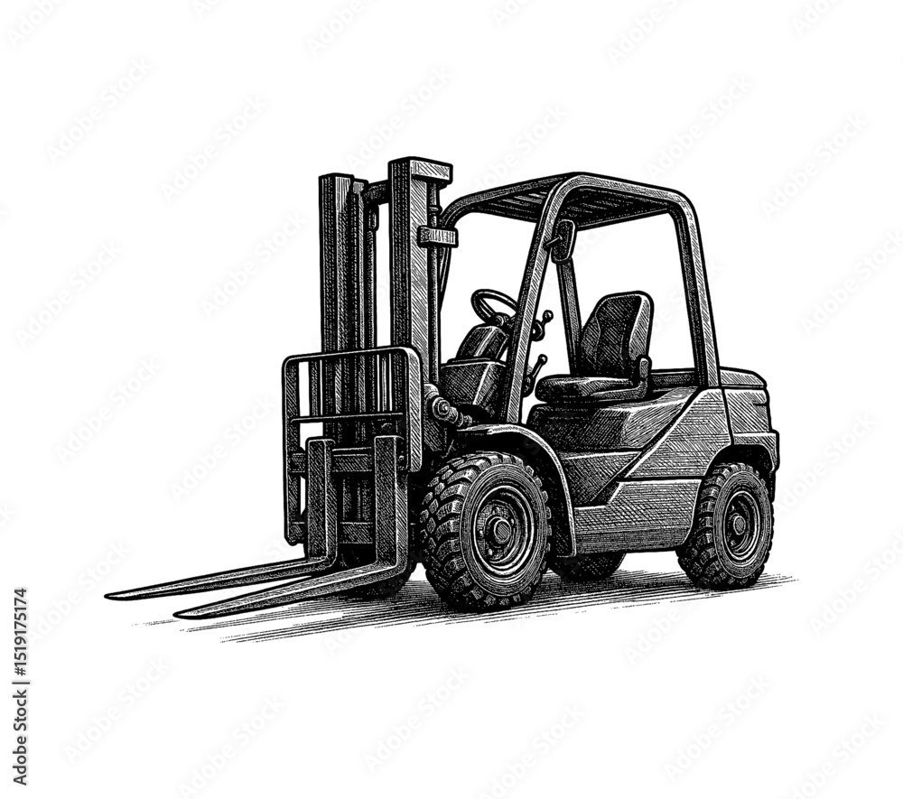 Naklejka premium Detailed Engraving Style Illustration of a Forklift on White Background Side View