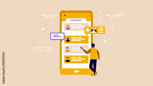 Man interacting with a large mobile phone displaying a chat interface with profile icons