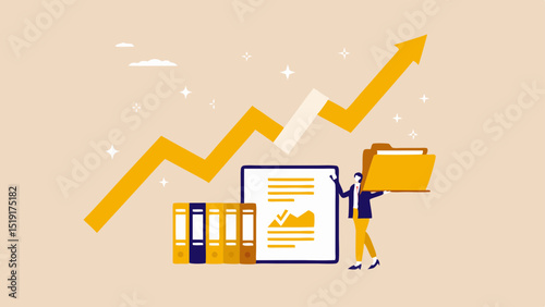 Illustration of a man holding a folder with rising arrow and documents indicating growth and success