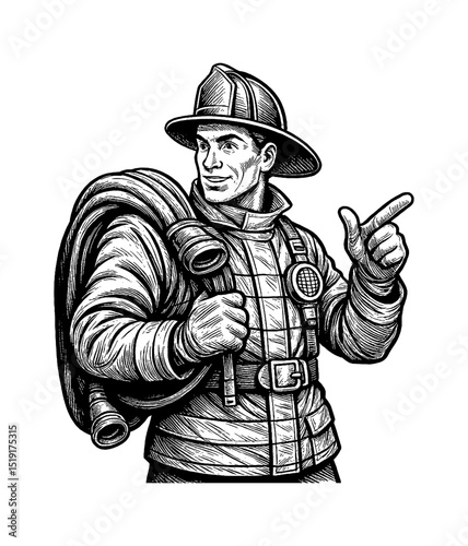 Illustration of a Smiling Firefighter Holding a Hose and Pointing to the Right