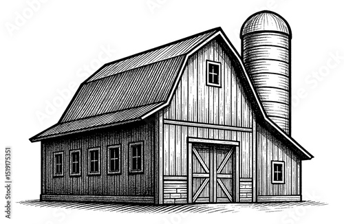 Illustration of a Barn with Silo in Black and White Engraved Style