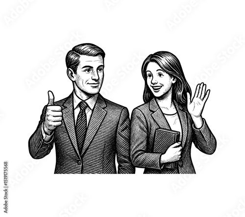 Businessman Giving a Thumbs Up and Businesswoman Waving Hand, Smiling in Detailed Line Art