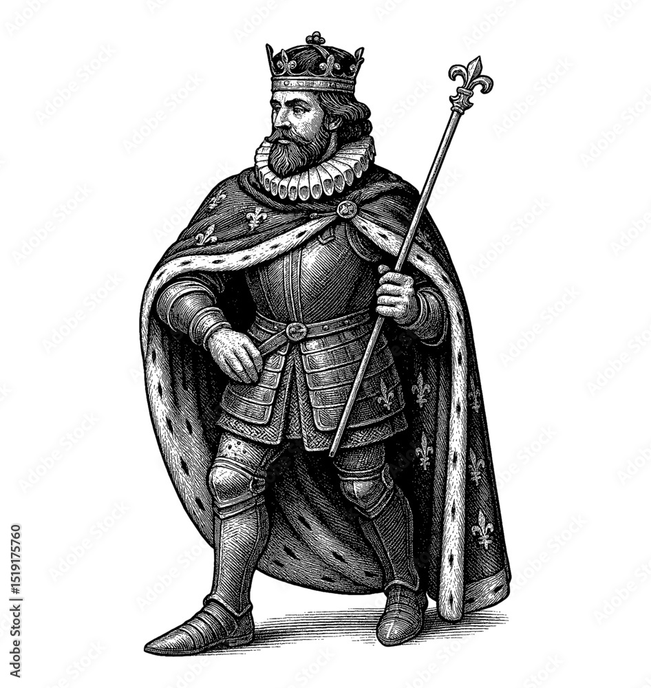 Obraz premium Monarch Standing in Full Armor Holding a Staff in Detailed Engraving Style Illustration