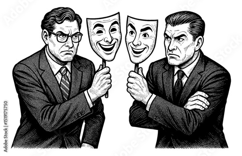 Two Men in Suits Holding Smiling Masks Expressing Duality with Engraved Black and White Style