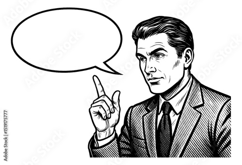 Man in Suit Raising Index Finger with Speech Bubble in Engraved Black and White Style