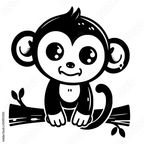 A black and white image of a tiny monkey hanging upside down from a tree branch with a goofy smile