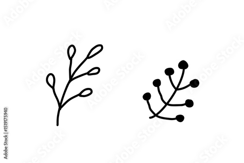 北欧風の手描き植物ラインアート　黒
