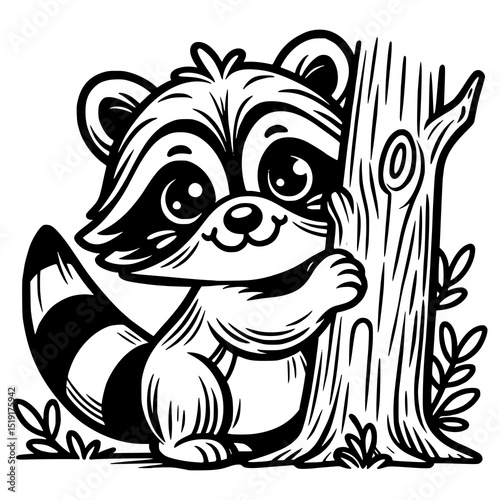 A black and white line art of a playful raccoon peeking from behind a tree with a mischievous grin
