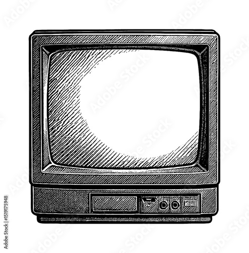 Illustration of vintage television set in engraved style detailed black and white line art drawing
