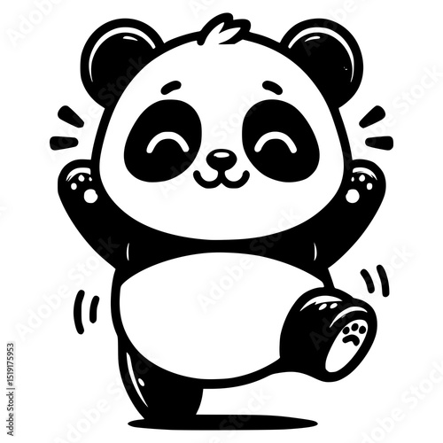 A cheerful panda character doing a silly dance pose with arms up and wiggly legs