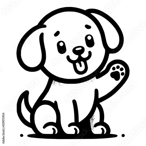 A cute cartoon puppy sitting upright with one paw raised and tongue sticking out, in black and white line art