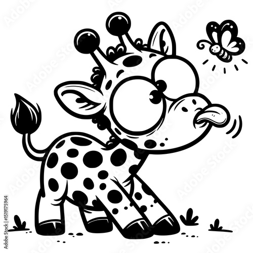 A silly giraffe bending down with its tongue out, looking cross-eyed at a butterfly on its nose
