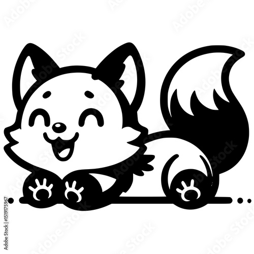 A giggling fox laying on its belly, paws forward, and tail curled around in a cute