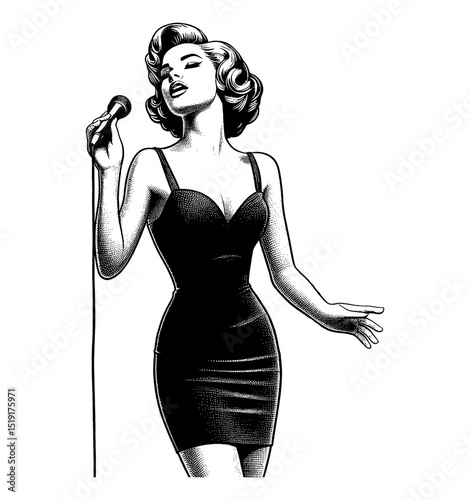Elegant Woman in Black Dress Singing into Microphone with Vintage Style in Engraved Black and White