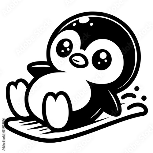 A penguin character sliding on its belly with a surprised expression