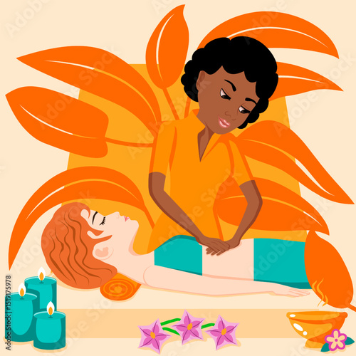 Abdominal massage. Therapy and treatment by professional therapist in SPA. Isolated flat vector illustration. African and European ethnicity.